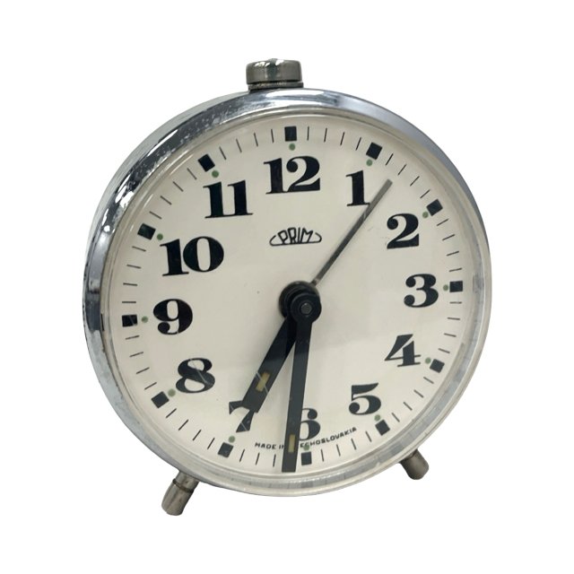 Budzik PRIM vintage – Czechosłowacja – mechaniczny – chrom – lata 60./70.