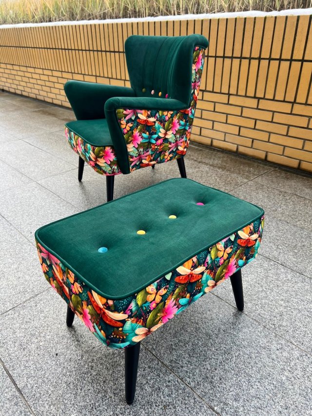 fotel klubowy z podłokietnikami, kwiatowy, kolorowy, ważki