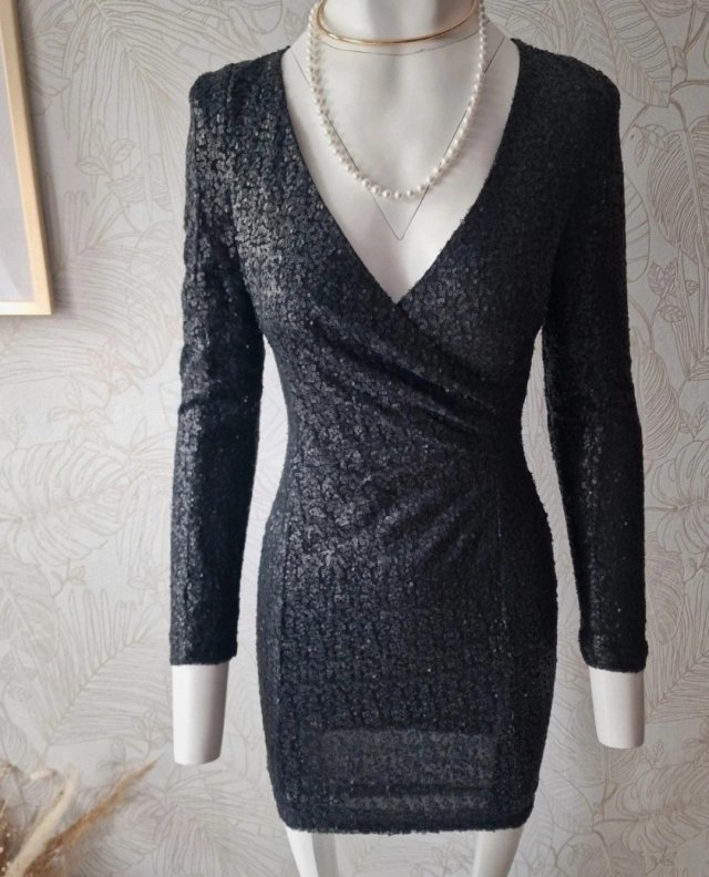 Ax Paris elegancka dopasowana sukienka cekiny długi rękaw S 36 I