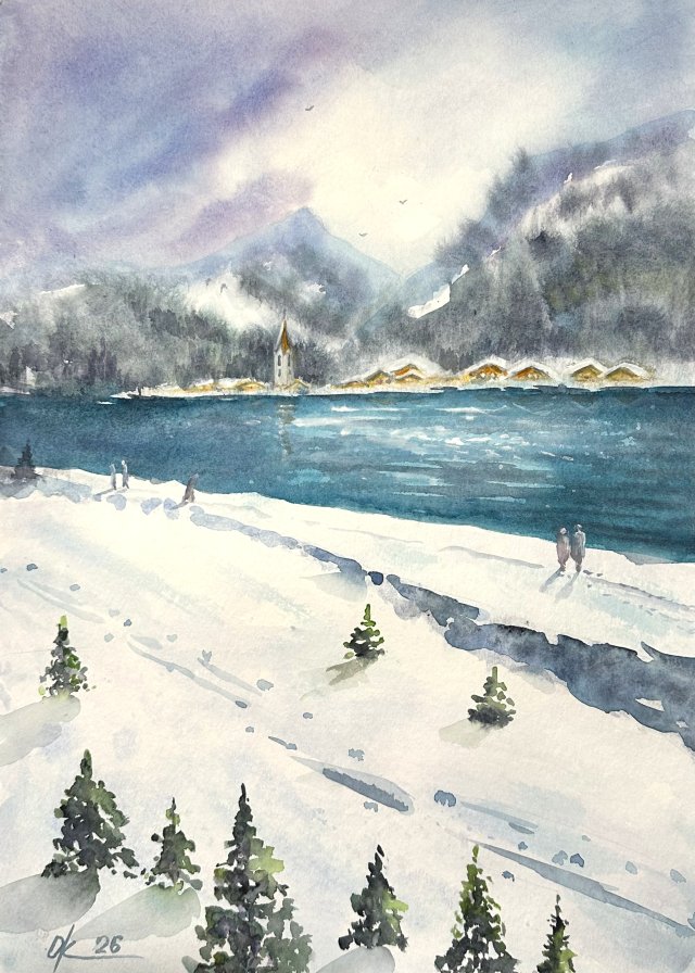 Jezioro w Alpach. 42*30 cm Original Akwarela