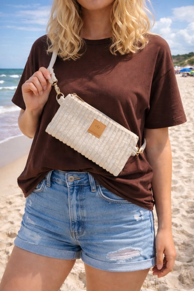 Sztruksowa mini nerka saszetka Kremowa