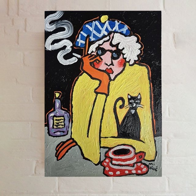 obraz do salonu portret babci z kotkiem sam na sam z nocą