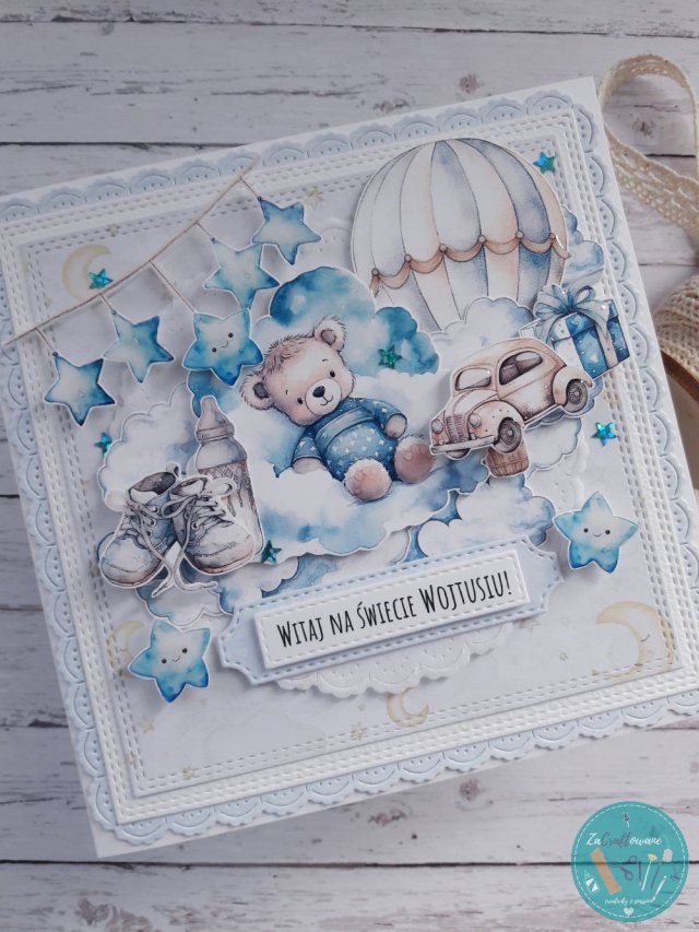 Kartka z okazji narodzin chłopca z misiem, personalizacja