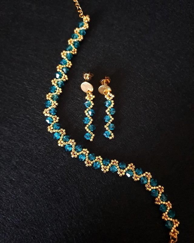 Komplet Biżuterii "Blue Zircon" - Bransoletka i Kolczyki z Kryształków Preciosa i Koralików Miyuki