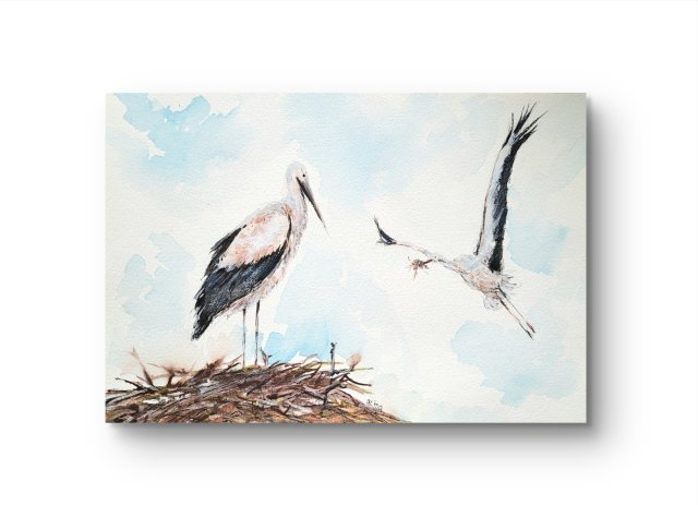 Obraz ręcznie malowany "Bociany" + rama