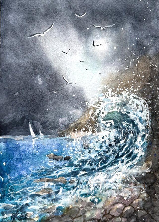 Wybrzeże morskie Original Akwarela A4