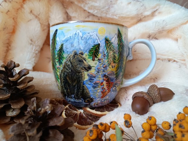 Ręcznie malowany kubek Niedźwiedź złota rybka spełnione marzenia 480ml