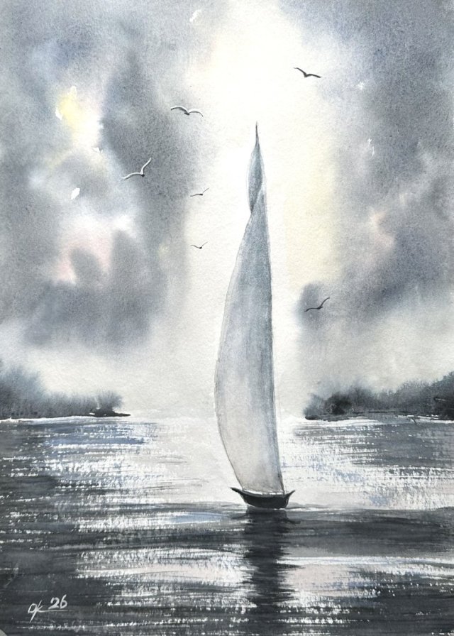 Żaglówka na morzu. Akwarela 42*30 cm