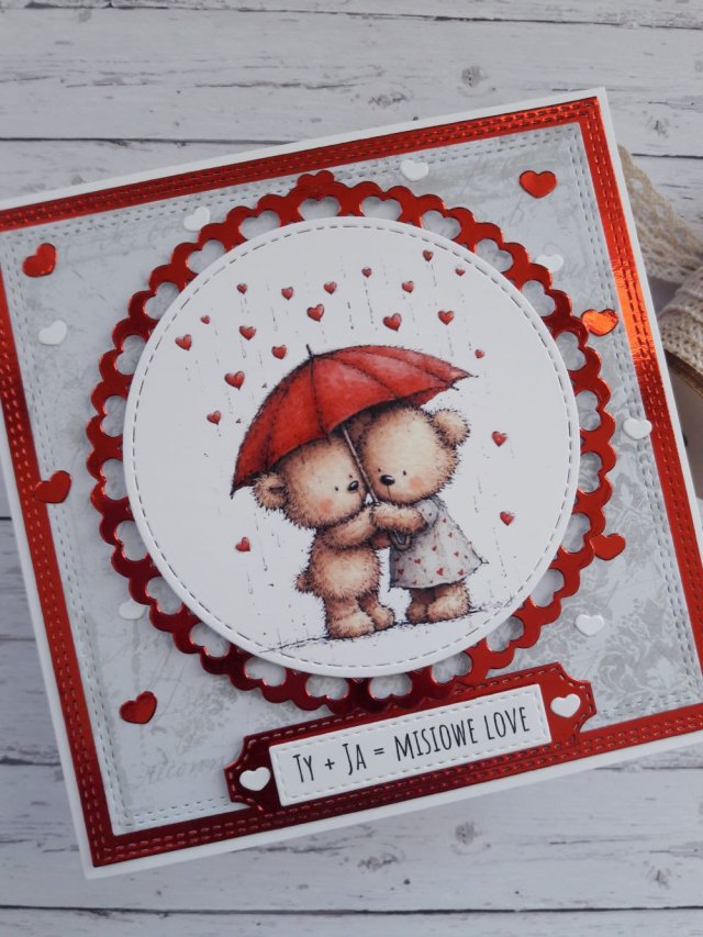 Kartka na walentynki z misiami pod parasolem, nietypowy napis