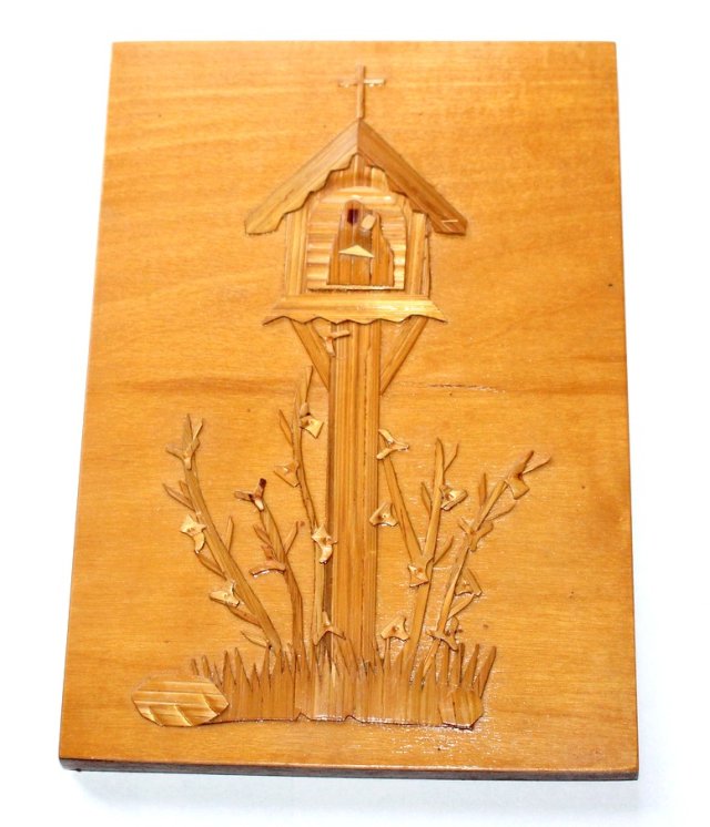 PRZYDROŻNA KAPLICZKA  na drewnie obrazek PRL