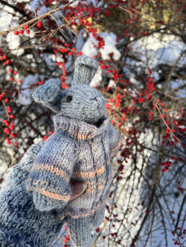 Króliczek wełniany w stylu Waldorf – 100% wełna, zdejmowany sweterek (21 cm)