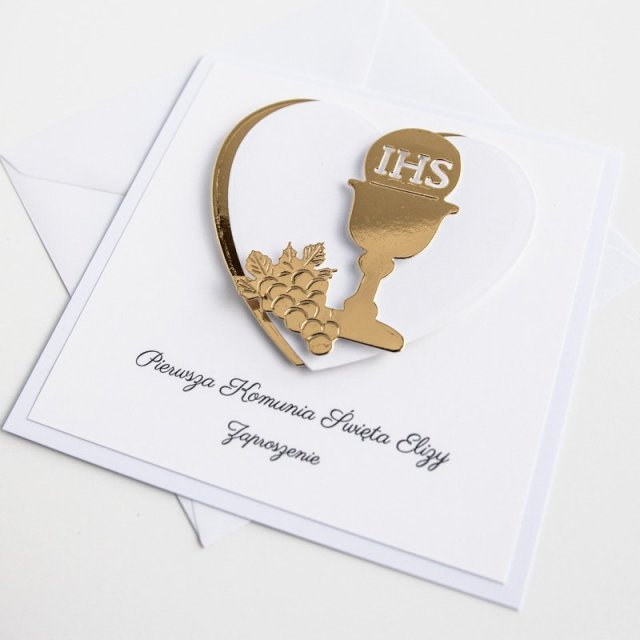 Zaproszenie na Pierwszą Komunię Świętą kielich w sercu złote srebrne