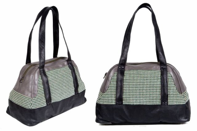 HANDMADE 100%  - Torebka CZARNA OLIWKA skóra naturalna + wełna