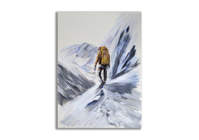 Wspinaczka, zima, góry. Obraz ręcznie malowany