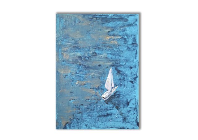 Ręcznie malowany obraz akrylowy "Turkusowa Żaglówka"
