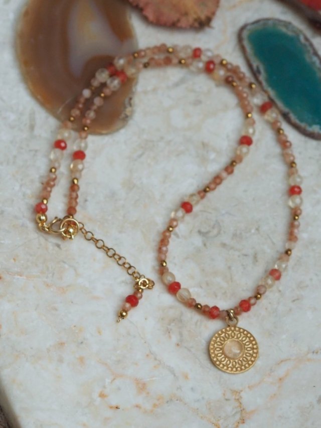 Naszyjnik choker - cytryn | malinowy jadeit | kamień słoneczny  | Biżuteria ręcznie robiona | DomilkowyDomek