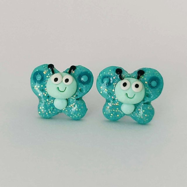 Brokatowe Turkusowe Kolczyki Motylki