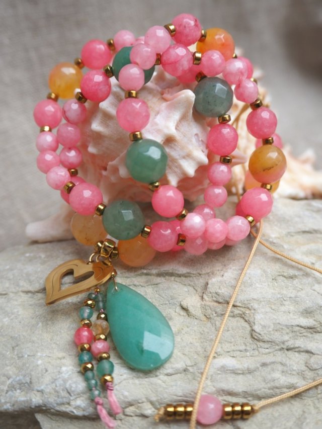 Talizman | naszyjnik | unikat – różowy jadeit, zielony awenturyn i agat | DomilkowyDomek