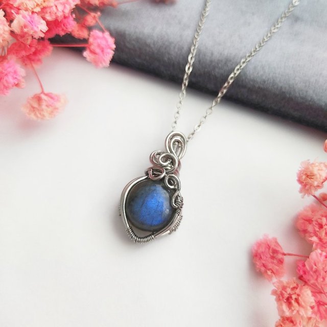 Naszyjnik Labradoryt Mini stal chirurgiczna wisiorek handmade wirewrapping