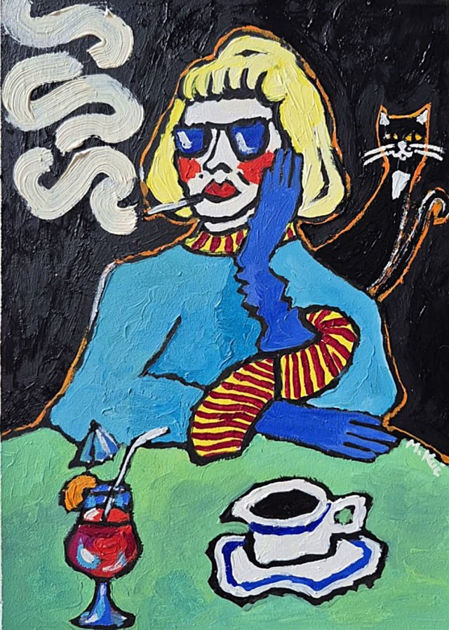 obraz do salonu olejny diva babcia z drinkiem przy zielonym stole