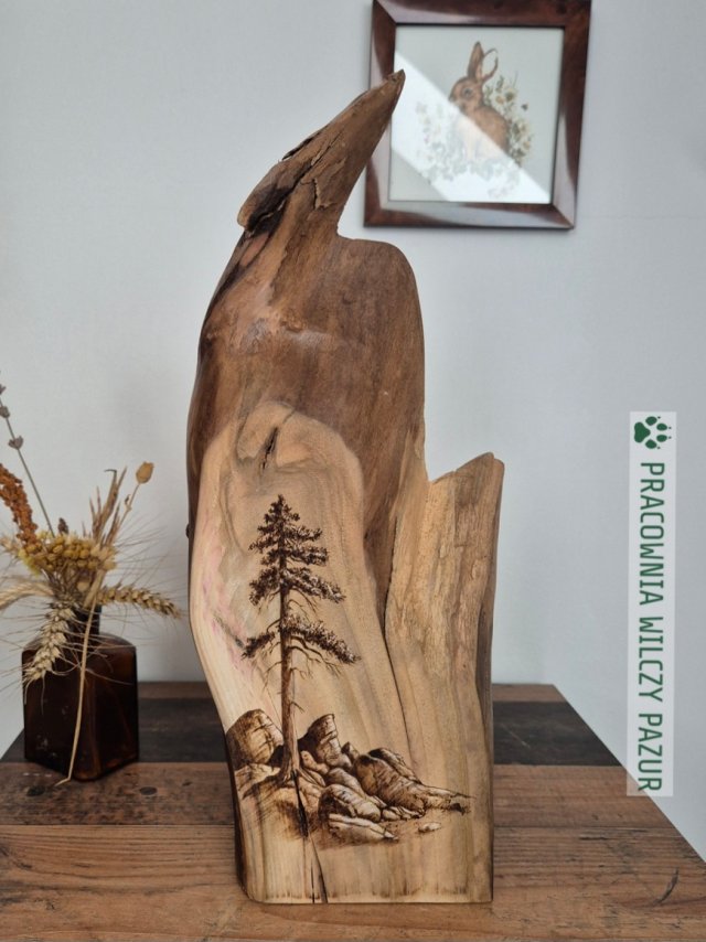 Samotna sosna, obraz na drewnie, dekoracyjna deska, pirografia