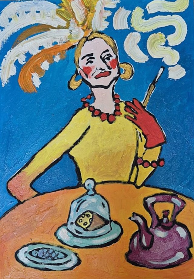 obraz do salonu portret pióra nad głową, cisza na stole