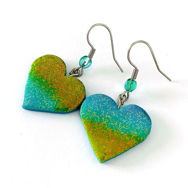 Niebieskie Kolczyki Serca z Brokatem, Prezent na Walentynki