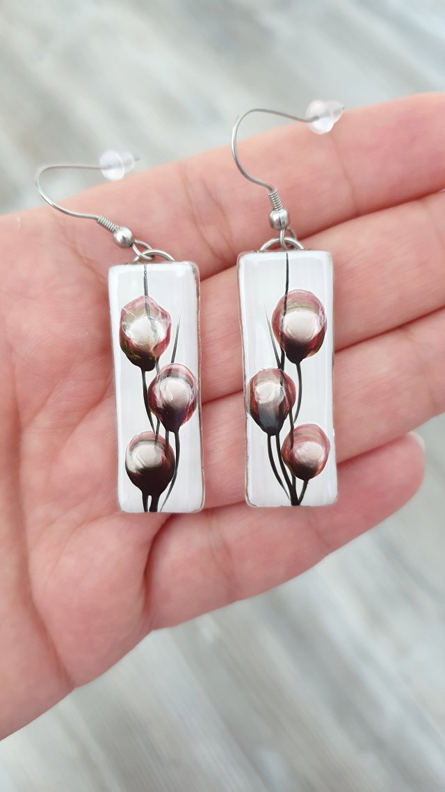 KOLCZYKI ZE SZKŁA WZÓR KWIATY