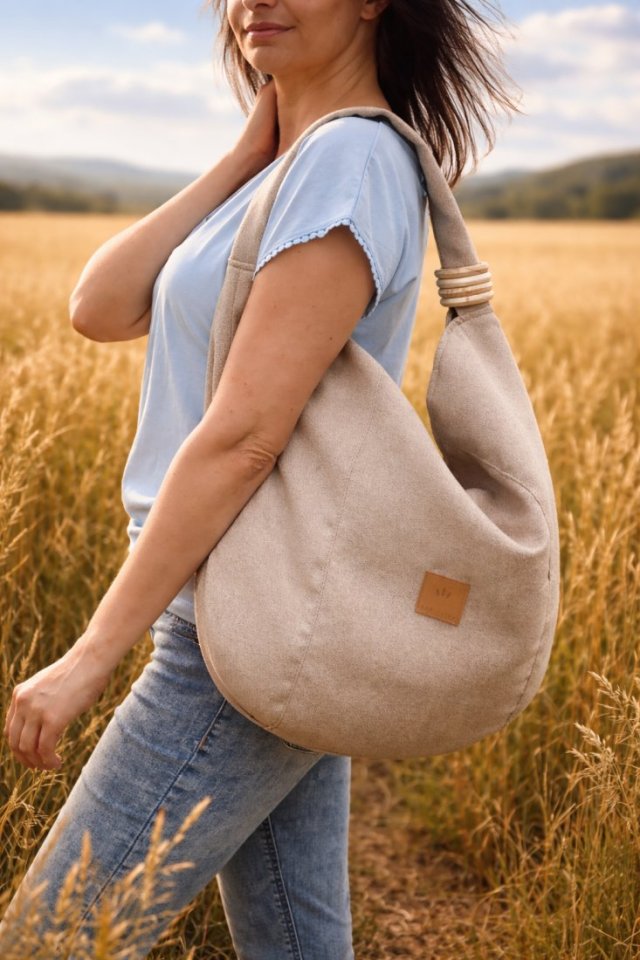 Duża torba worek na ramię z plecionki Beżowa