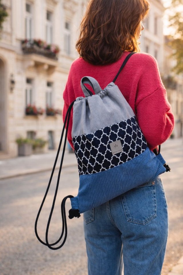 Plecak worek damski z weluru i sztruksu Agadir