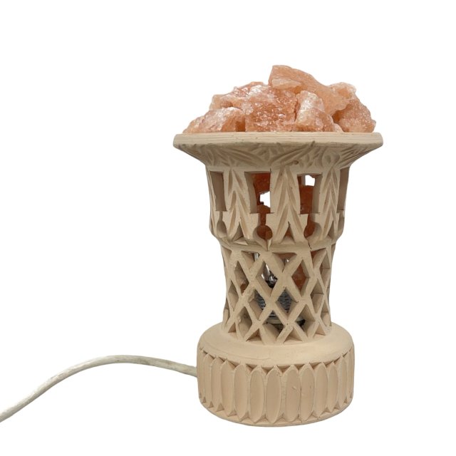 Rzeźbiona lampa solna z naturalnej soli kamiennej, ceramiczna, Vintage, Handmade, lata 70.