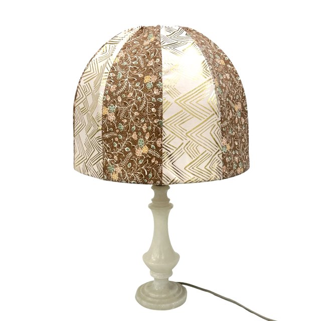 Włoska lampa stołowa vintage alabaster / onyks, ręcznie szyty klosz lata 60.