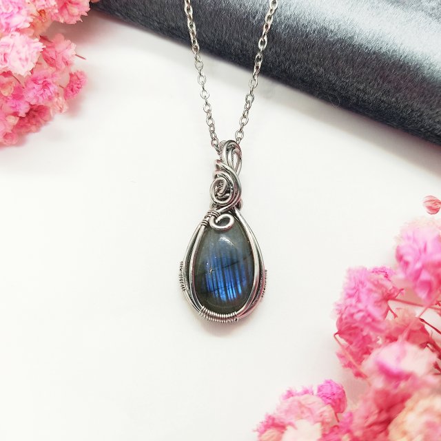 Naszyjnik Labradoryt Mini stal chirurgiczna wisiorek handmade wirewrapping