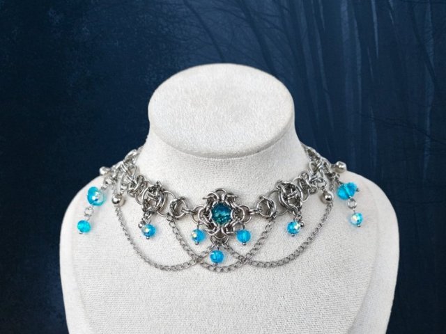 Choker elficki wrózkowy chainmaille szkło stal chirurgiczna, fantasy