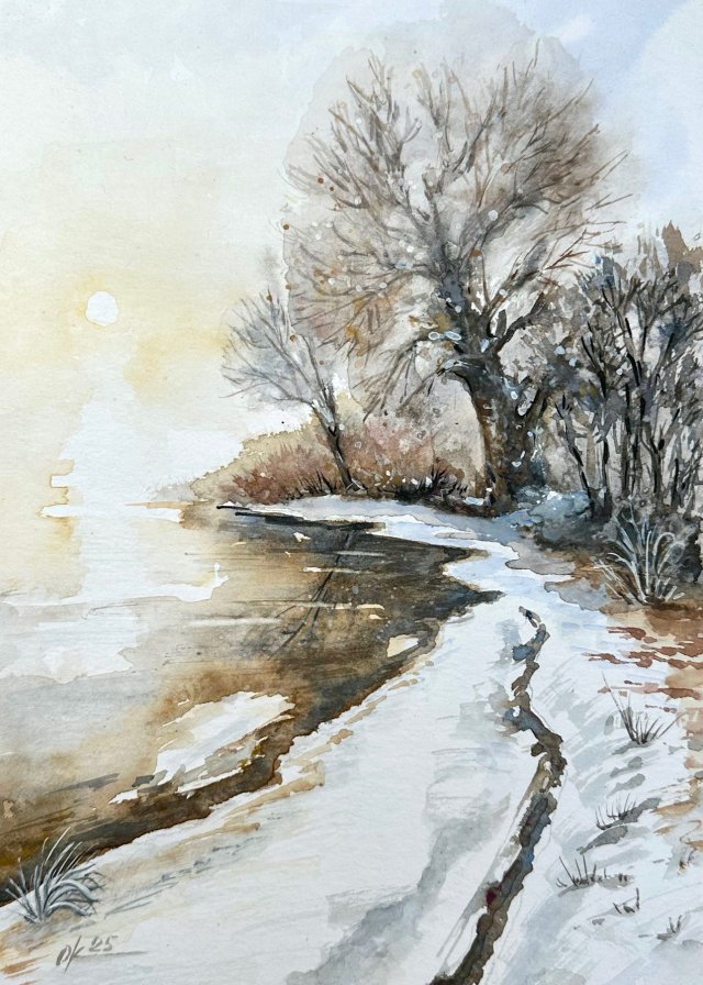 Stare drzewo nad rzeką zimą original akwareli A4