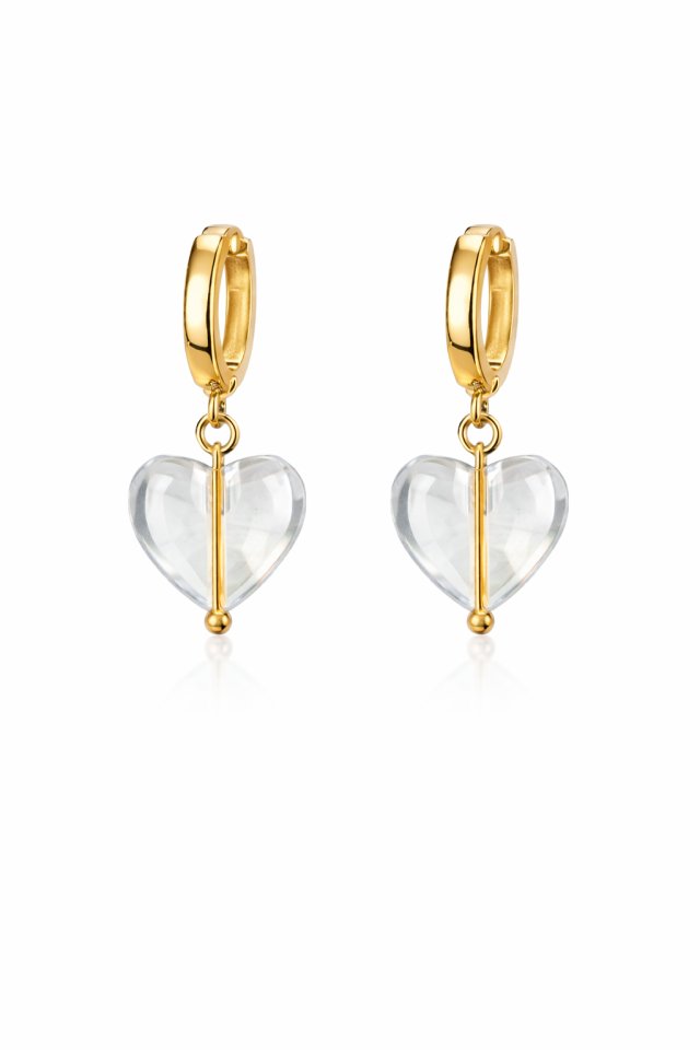 kolczyki CRYSTAL CLEAR HEARTS- srebro złocone 24K i kryształ górski