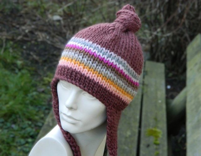 100% WOOL * pilotka * wełniana czapka * wiązana * z nausznikami * balaclava * kolorowe paski