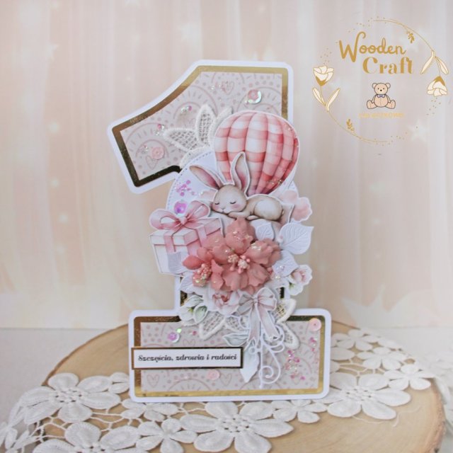 Urodzinowa kartka cyferka, prezent na roczek "Baby Bunny" GOTOWA