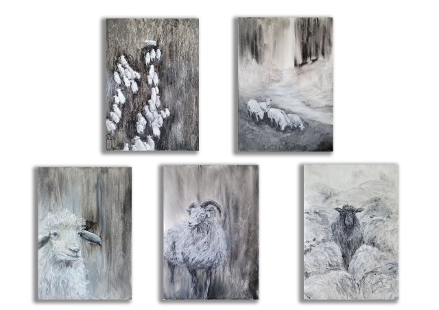 Wyjątkowy zestaw 5 ręcznie malowanych obrazów "Owce"