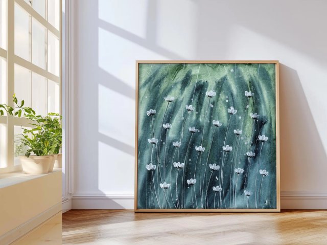 Oryginalna akwarela 20x20cm. Białe kwiaty