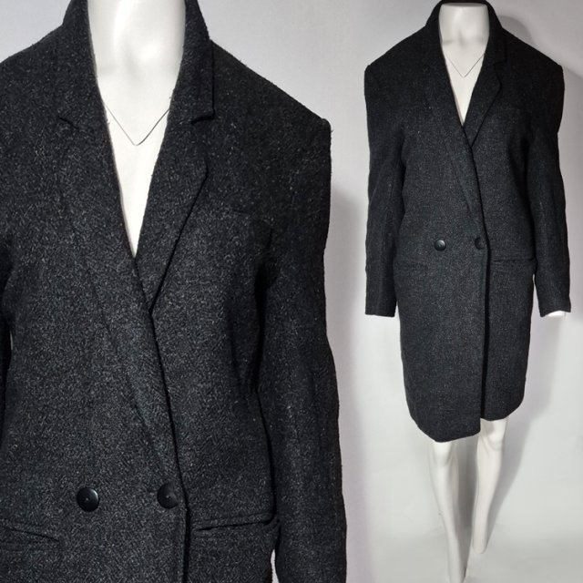 Płaszcz vintage z wełną  power look szerokie ramiona dwurzędowy grafit unisex Freewill of London 38 M Hu106