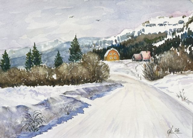 Jasny dzień śnieg i góry originalna akwareli A4