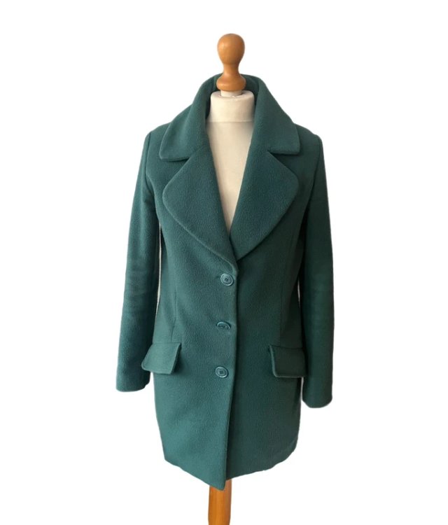 Zielony Turkusowy Morski płaszcz z kieszeniami – klasyczny, elegancki, rozmiar 38