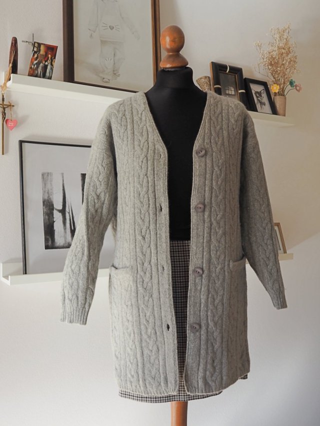 Wełniany ciepły sweter angora szary kardigan splot warkocz 38