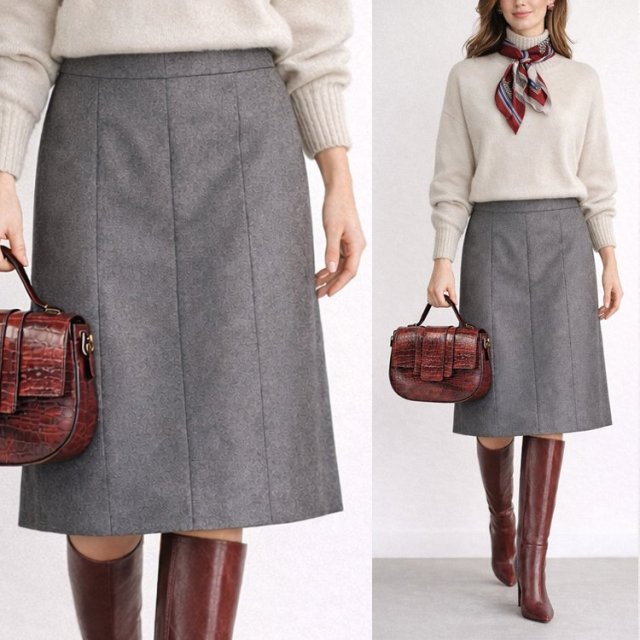 100% wełna spódnica vintage Cache D’Or szara midi old money style 36 S Hu78