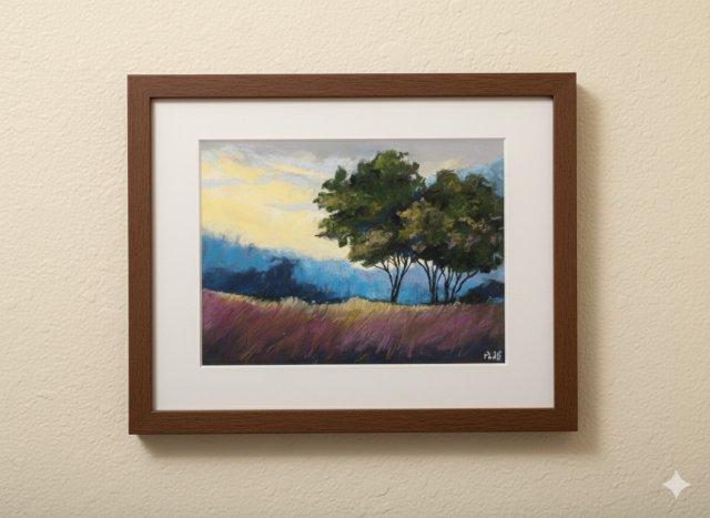 Pejzaż z drzewami -praca  wykonana pastelami suchymi