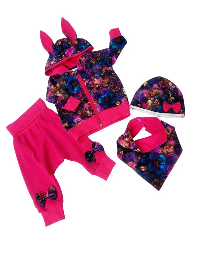 Komplet dziewczęcy fuksja i kwiaty r.68/74