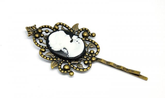 Spinka do włosów wsuwka mosiądz kamea czerń i biel