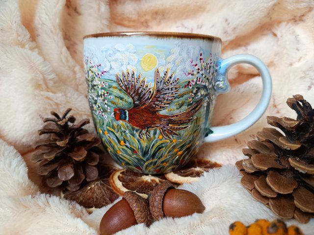 Ręcznie malowany bażant i dzikie jabłonie kubek 480 ml.