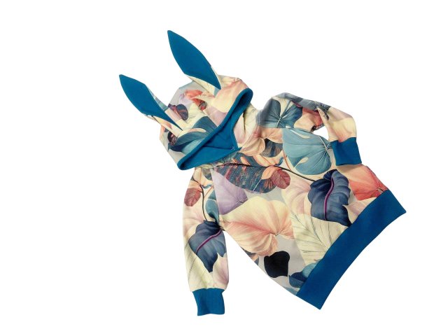 Bluza z kapturem i uszami liście turkus r.80